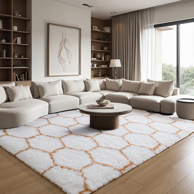Zentavio Area Rugs for Living Room Large Rugs for Bedroom 5x8 Carpet Fluffy Fuzzy Soft Shag Aesthetic Plush High Pile Throw Rug for Nursery Kids Room Dorm Honeycomb Khaki
