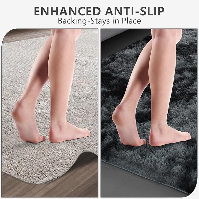 Shag Area Rugs for Bedroom Living Room,8X10 Ultra Soft Fluffy Area Rugs for Dorm, Indoor Carpet Nursery Rugs for Kids Girls Room Home Decor, Black Grey