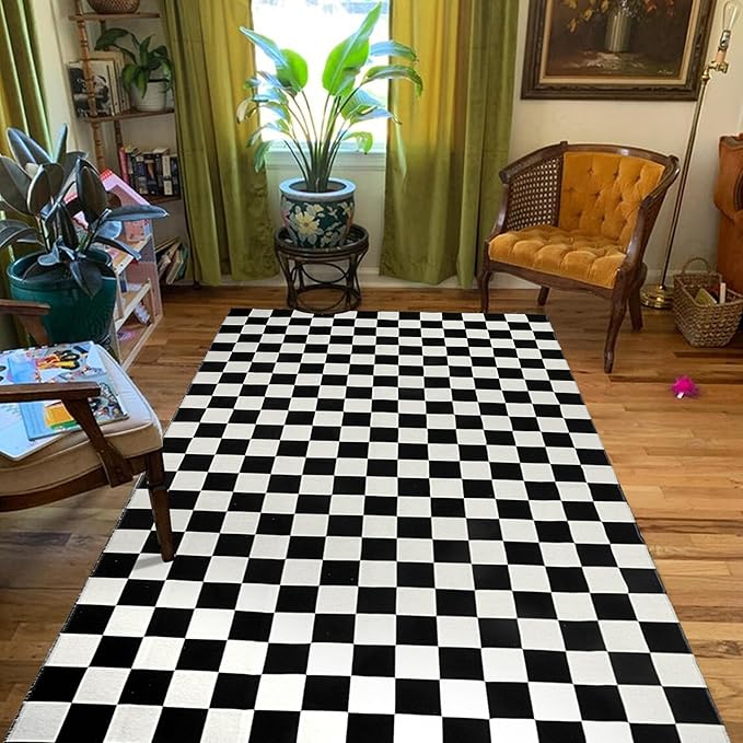 Seavish Checkered Rug, 5x8 Ft Black and White Rug Retro Checkerboard Moroccan Rug Lightweight Outdoor Washable Area Rug Carpet Rustic Decor for Living Room Bedroom Kitchen Patio