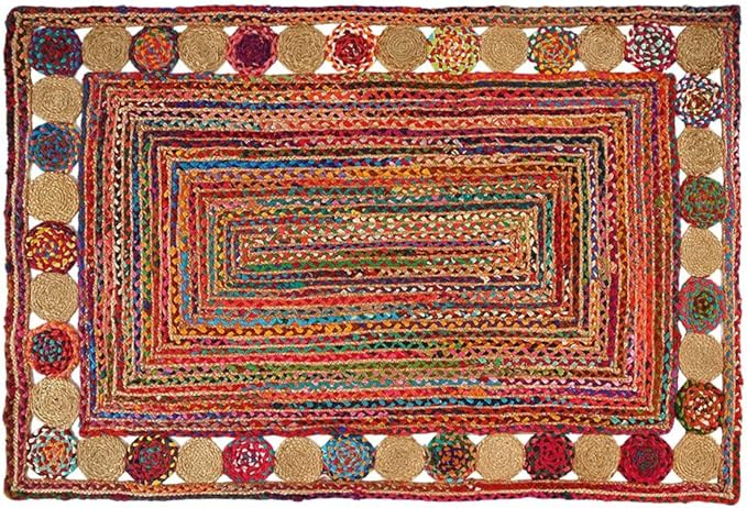 GRUHUM Jute Cotton Area Rug 8x10ft -Natural Multicolour Handwoven Boho Chindi Farmhouse Soft Braided Rustic Vintage Eco Friendly Rug for Indoor Kitchen Bedroom Living Room Hallways Enterways 8x10ft