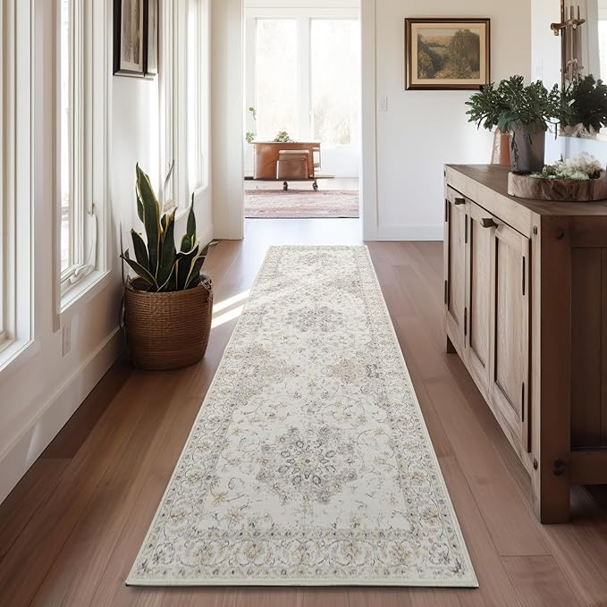 jinchan Hallway Runner Rug 2x8 Machine Washable Runner Rug with Rubber Backing Vintage Floral Non-Slip Ultra-Thin Low Pile Carpet for Kitchen Laundry Entryway Living Room Farmhouse (2x8ft,Grey)