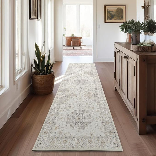 jinchan Hallway Runner Rug 2x8 Machine Washable Runner Rug with Rubber Backing Vintage Floral Non-Slip Ultra-Thin Low Pile Carpet for Kitchen Laundry Entryway Living Room Farmhouse (2x8ft,Grey)
