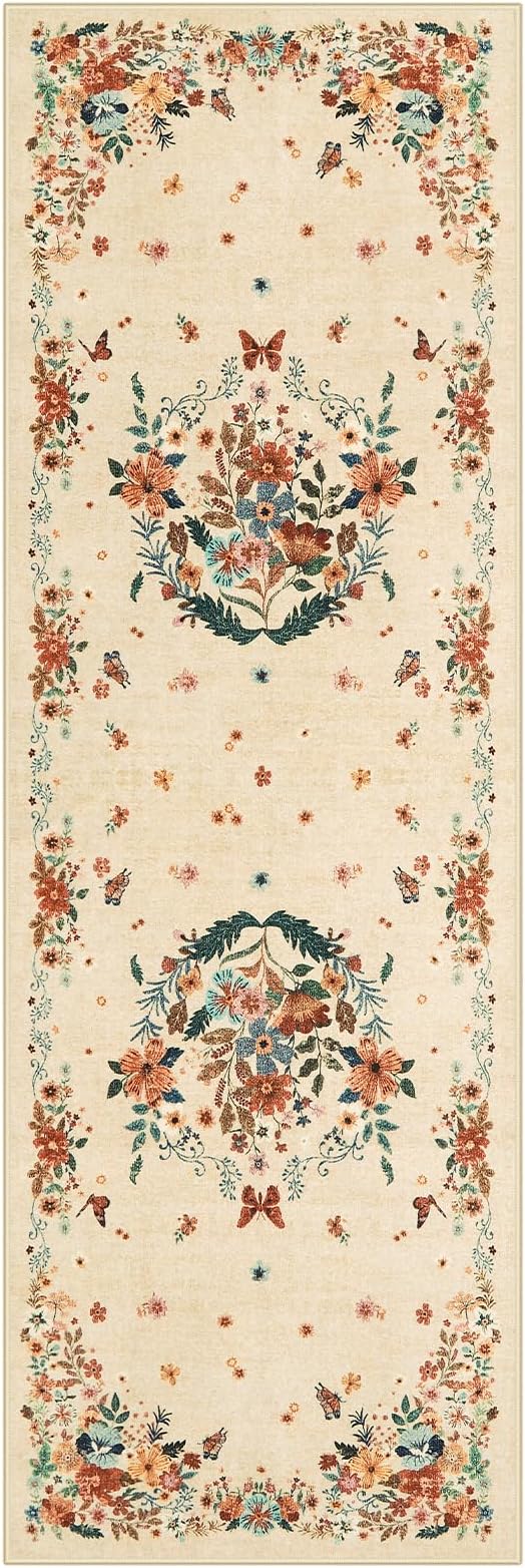 2x6 Runner Rug for Entryway Indoor, Floral Washable Rug Runners for Hallways Non Slip, Boho Kitchen Runner Rugs with Rubber Backing Cream Carpet Runner for Bedroom Entryway Laundry Bedside