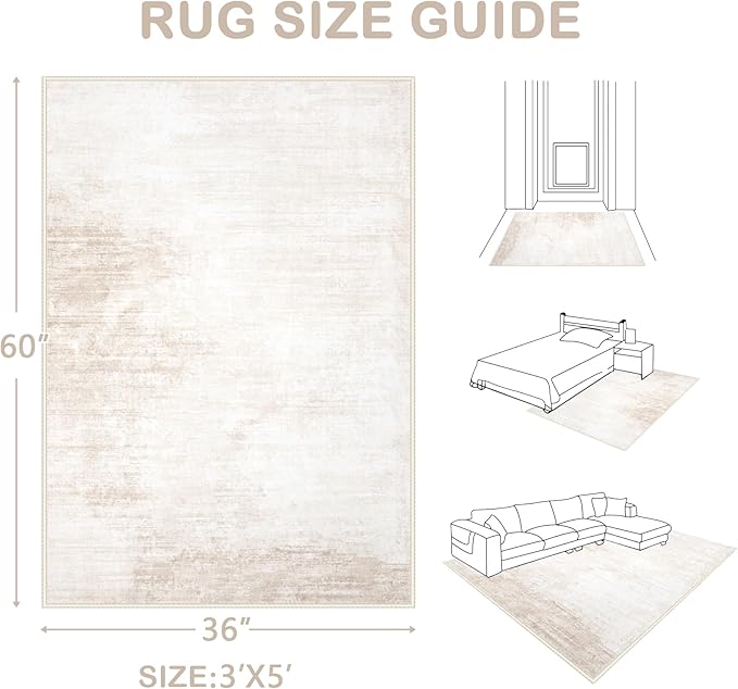 Area Rug 3x5 Washable Rug: Living Room Modern Abstract Rug Soft Non Slip Neutral Rug Stain Resistant Small Rug Indoor Door Mat for Bedroom Kitchen Nursery Hallway Entryway Office(Beige,3'x5')