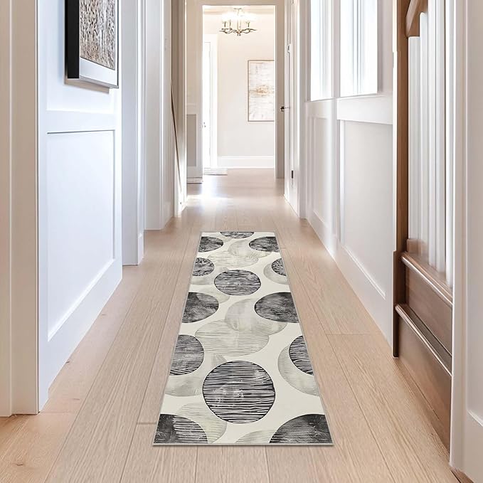 2x6 Kitchen Runner Rug Abstract Minimalist Black Beige Circle Design Hallway Entryway Washable Thin Rugs Modern Neutral Non Slip Low Pile Door Mat Entrance Small Carpet for Laundry Bathroom Bedroom