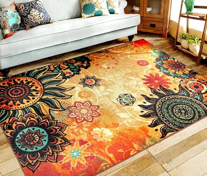 Contemporary Boho Retro Style Abstract Living Room Floor Carpets,Non-Skid Indoor/Outdoor Large Area Rugs,75"x98" Lotus