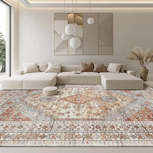 Oversized Rug for Living Room-Machine Washable Area Rugs 9'x12' for Bedroom, Non-Shedding Faux Wool Vintage Design Boho Low Pile Mat Rugs,Stain Resistant Rugs with Non-Slip Backing（Light Color）