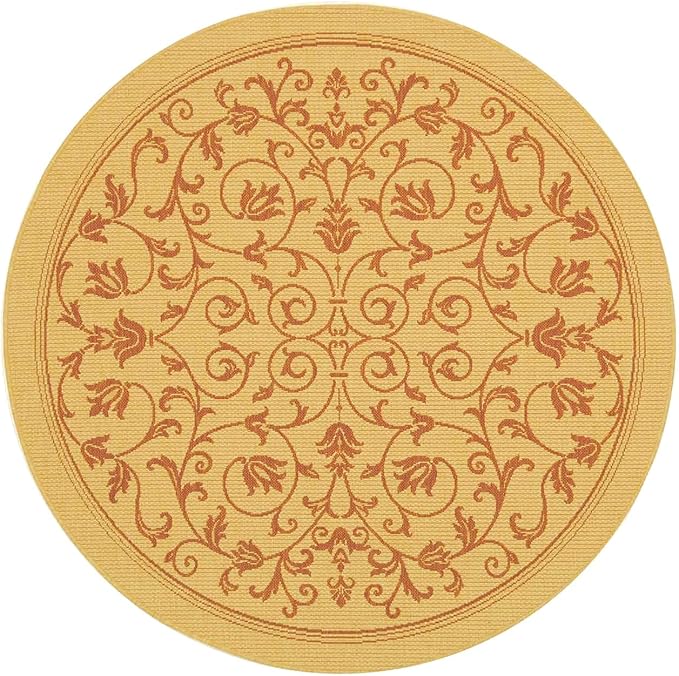 SAFAVIEH Courtyard Collection 7'10" Round Natural / Terra CY2098 Scroll Indoor/ Outdoor Splashproof Easy Scrubbing Patio Backyard Mudroom Area Rug