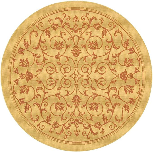 SAFAVIEH Courtyard Collection 7'10" Round Natural / Terra CY2098 Scroll Indoor/ Outdoor Splashproof Easy Scrubbing Patio Backyard Mudroom Area Rug