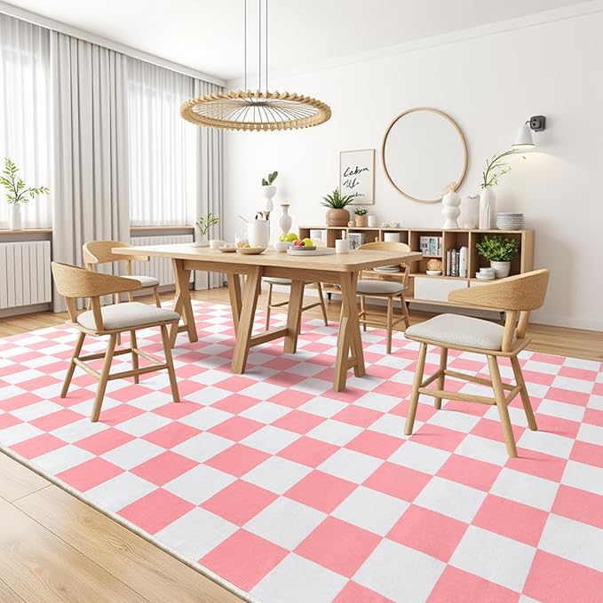 Terrug Pink and White Checkered Rug for Living Room Bedroom, 5x7 Soft Washable Area Rug with Non Slip, Low Pile Stain Resistance Carpet for Kids Room Entryway Kitchen Dorm