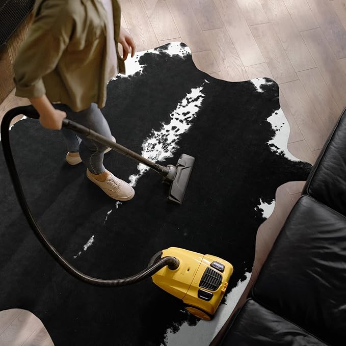 AROGAN Premium Faux Cowhide Rug 158 x 140 cm/5.2 x 4.6 feet, Durable and Large Size Cow Print Rugs, Suitable for Bedroom Living Room Western Decor, Faux Fur Animal Cow Hide Carpet, Black