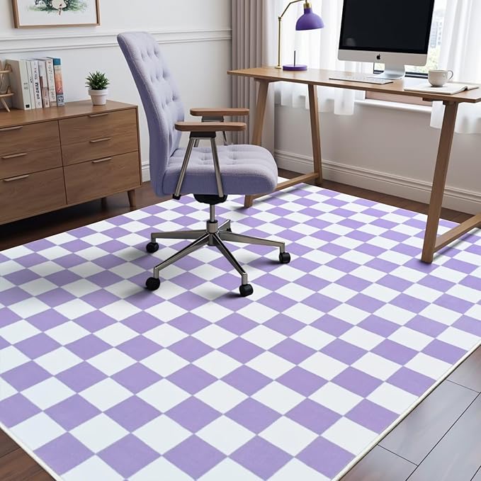 Terrug Purple and White Checkered Rug for Living Room Bedroom, 3x5 Soft Washable Area Rug with Non Slip, Low Pile Stain Resistance Carpet for Kids Room Entryway Kitchen Dorm