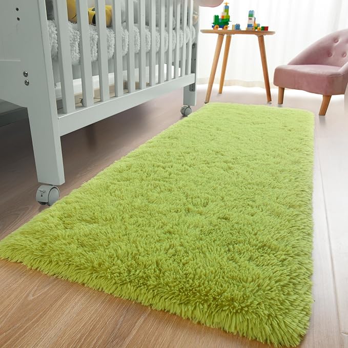 YJ.GWL Fluffy Runner Rugs for Bedroom Living Room Soft Shag Rug 2x6 Feet, Green Plush Carpet Non Slip for Nursery Dorm, Fuzzy Bedside Rug for Kids Boys Girls Room Home Decor