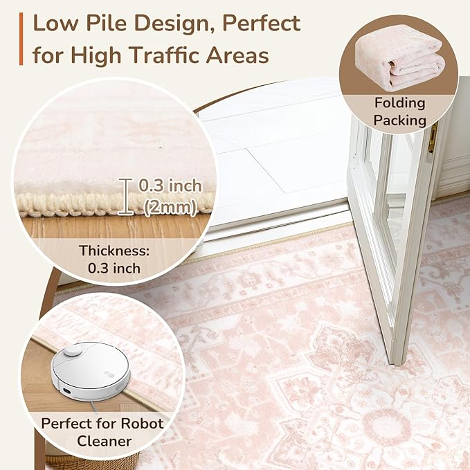 BESTSWEETIE 9x12 Area Rugs for Living Room, Washable Ultra Soft Boho Vintage Print Pattern Rug Non Slip Low Pile Carpet for Dining Room Bedroom Entryway Indoor-Light Pink
