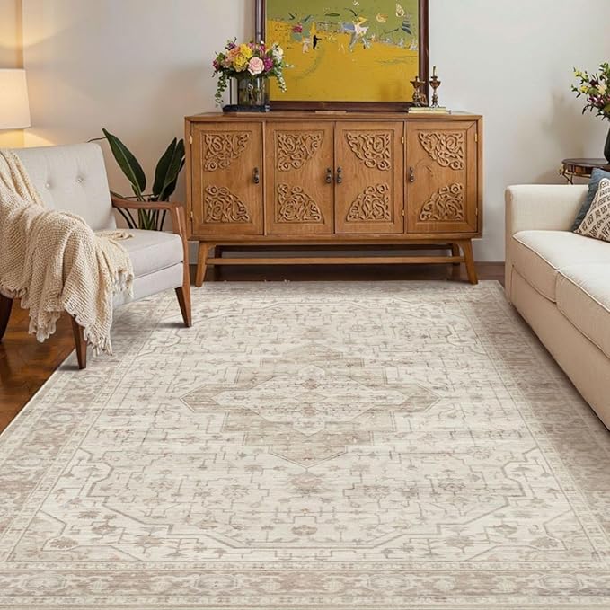 4x6 Washable Area Rug for Living Room, Vintage Neutral Boho Rugs for Office, Dining Room, Kids Room, Farmhouse, Durable Low Pile Non Slip Carpet for High Traffic Areas, Cream