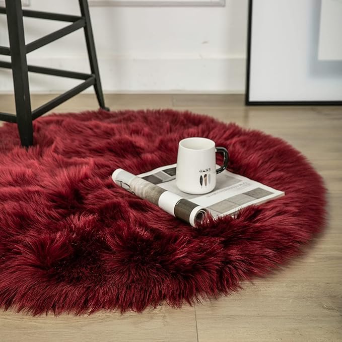 Ashler faux fur rug, Fluffy Shaggy Area Rug Ultra Soft 3 x 3 Feet Round Fur Rug, Deep Red Fuzzy Rug Machine Washable Shag Rug, Nursery Decor Throw Rugs for Bedroom, kids room, Living Room