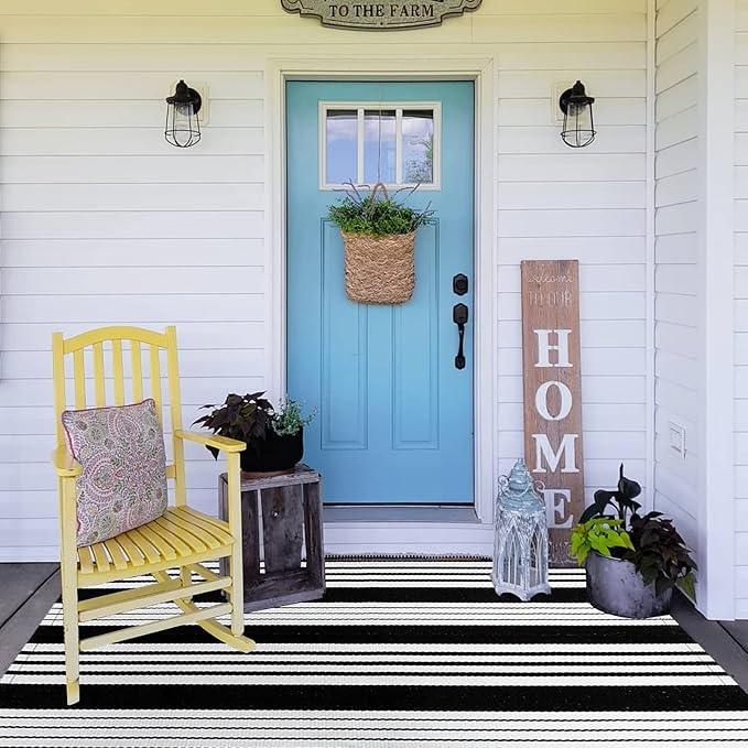 BUAGETUP Black and White Outdoor Rug 3'x 5' Hand-Woven Cotton Washable Rug Striped Front Porch Rug Machine Washable Indoor/Outdoor Area Rug Floor Mat for Farmhouse/Layered Door Mats/Living Room