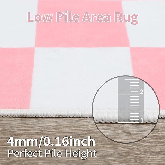 Terrug Pink and White Small Checkered Rug for Bedroom, 2x3 Soft Washable Rug with Non Slip Backing, Low Pile Throw Carpet for Entryway Hallway Kitchen Laundry Room