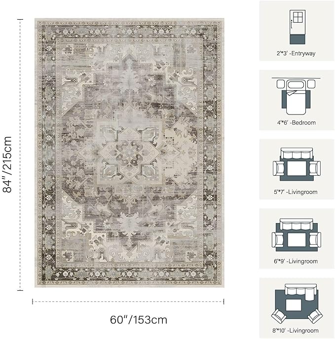 5X7 Washable Area Rug for Living Room, Vintage Large Boho Rugs for Office, Dining Room, Kids Room, Farmhouse, Durable Low Pile Non Slip Carpet for High Traffic Areas, Brown