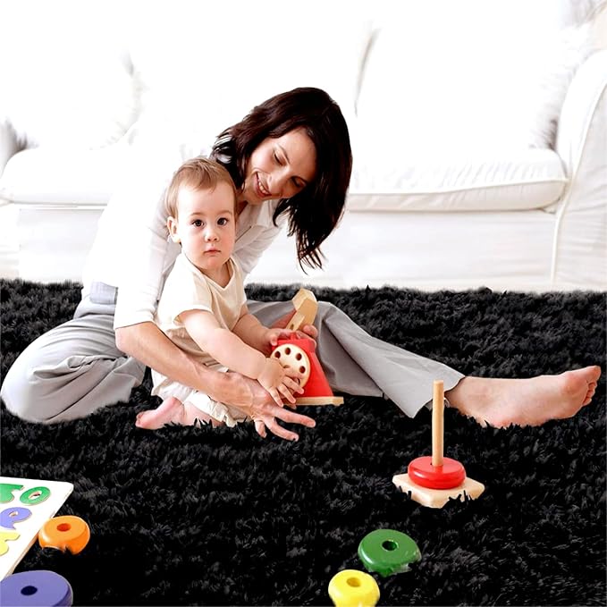 CAIYUECS Shag Area Rug,Indoor Ultra Soft Fluffy Plush Rugs for Bedroom Living Room, Non-Skid Modern Nursery Faux Fur Rugs for Kids Room Home Decor (5x7 Feet, Black)