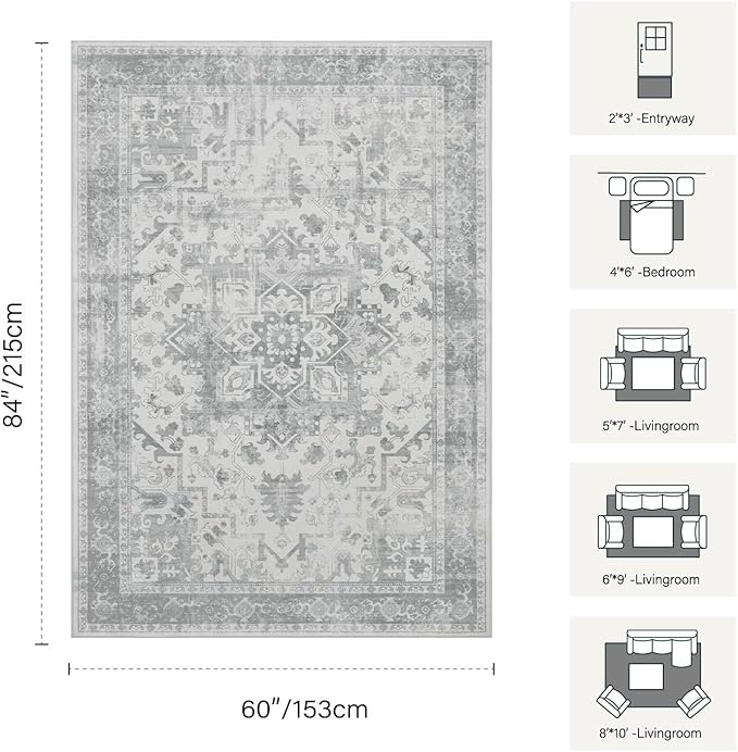 5X7 Washable Area Rug for Living Room, Neutral Vintage Large Boho Rugs for Office, Dining Room, Kids Room, Farmhouse, Durable Low Pile Non Slip Carpet for High Traffic Areas, Light Grey