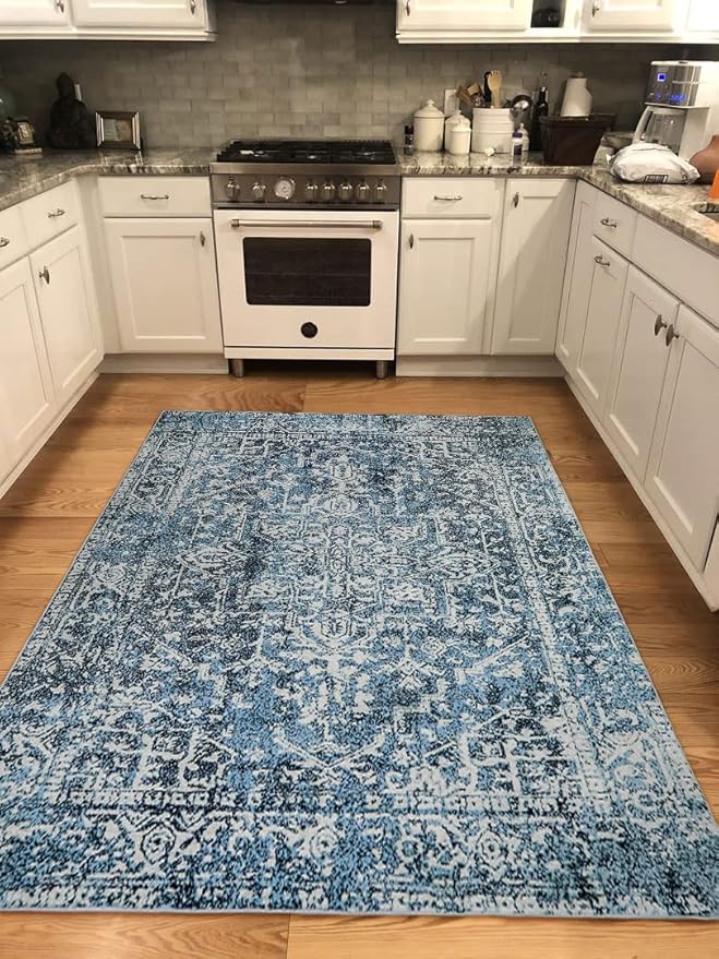 Morebes Vintage Blue 5x7 Rugs for Living Room, Washable Large Bedroom Area Rug with Non Slip Rubber Backed, Stain Resistant Low Pile Soft Indoor Carpet for Dining Room Office Kitchen