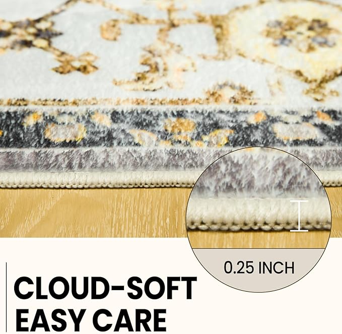 Washable 9x12 Area Rugs, Rugs for Living Room, Low-Pile Water&Stain Resistant Carpet Vintage Distressed Printed Non-Slip Carpet for Bedroom Bathroom Kitchen-Grey Yellow