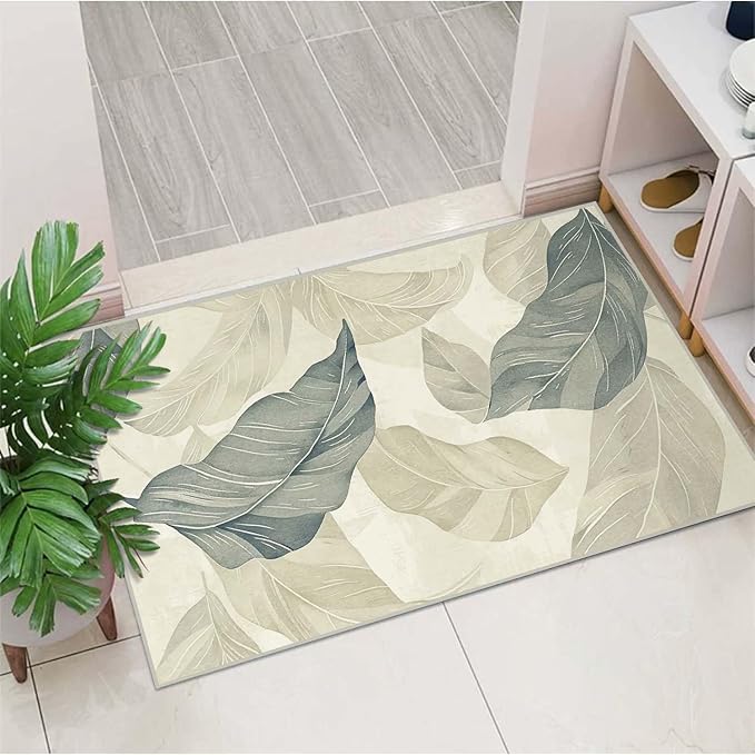 2x3 Entryway Rug Vintage Botanical Leaf Beige Area Rug Thin Small Carpet Bathroom Non Slip Indoor Entrance Low Pile Door Mat Kitchen Stain Resistant Washable Machine