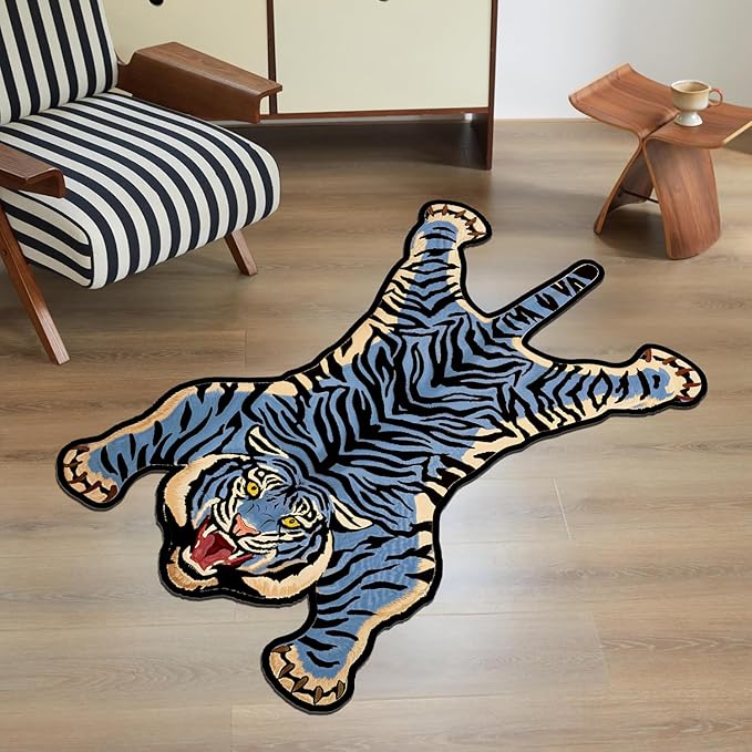 Tiger Printed Skin Area Rugs, Non- Slip Rug for Bathroom, Tiger Door Mat, Machine Washable Carpet for Bed Room C03