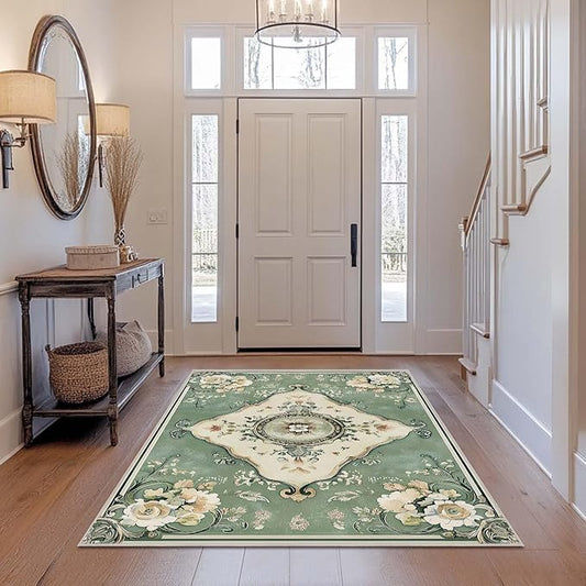 4x6 Area Rug Machine Washable Rugs Boho Green Rug Non-Slip Low Pile Large Carpet for Home Kitchen Living Room Bedroom Dining Room Office