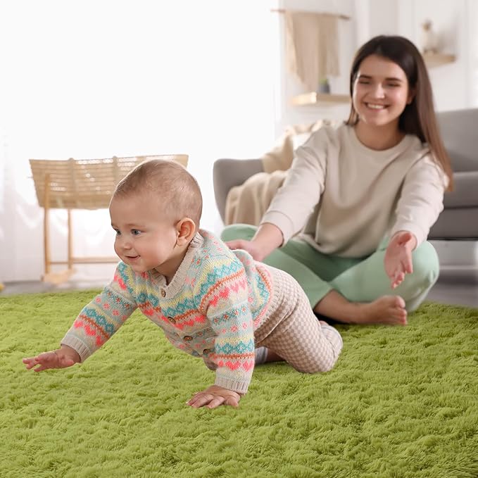 YJ.GWL Area Rugs for Living Room Bedroom, 5x8 Machine Washable Large Green Carpet, Soft Fluffy Shaggy Thick Big Shag Indoor Floor Rug for Kids Boy and Girls Room Dorm Home Decor Aesthetic