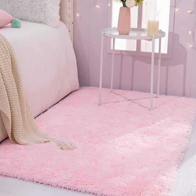 TWINNIS Super Soft Shaggy Rugs Fluffy Carpets, 4x5.9 Feet, Indoor Modern Plush Area Rugs for Living Room Bedroom Kids Room Nursery Home Decor, Upgrade Anti-Skid Rectangular Fuzzy Rug, Pink