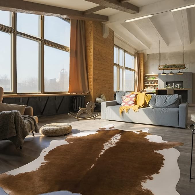 BENRON Premium Cowhide Rug Large, Faux Cow Hide Rugs for Living Room Bedroom Western Home Decor, Non Slip Cute Rug with Irregular Animal Skins and Hides, Khaki Brown, 7.8 x 9.5ft