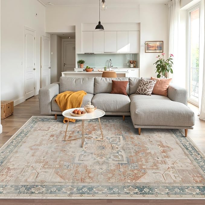 4X6 Rug,Washable Area Rugs for Living Room, Orange Boho Rug,Neutral Vintage for Bedroom, Dining Room, Kids Room, Farmhouse, Low Pile Non Slip Carpet for High Traffic Areas, Coral(Orange&Blue)