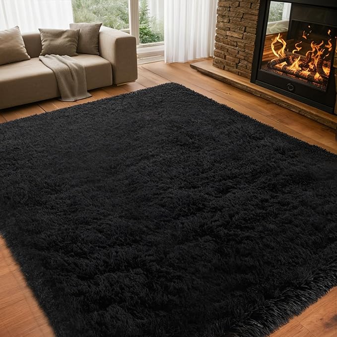 Zentavio Black Area Rugs for Living Room Bedroom 9x12 Large Men Room Carpet Fluffy Furry Shag Aesthetic Plush High Pile Floor Rug for Nursery Kids Room Dorm Home Decor