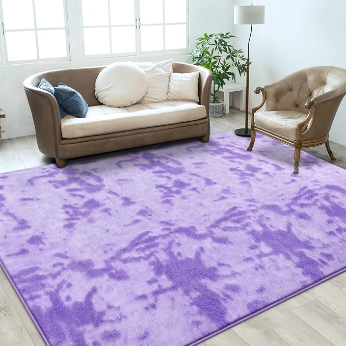 FlyDOIT Large Area Rugs for Living Room Bedroom, 7x10 Ft Tie-Dyed Purple Ultra Soft Comfy Thickened Memory-Foam Indoor Carpets, Cozy Modern Floor Rug for Boys Girls Playroom Dorm Nursery Home Décor
