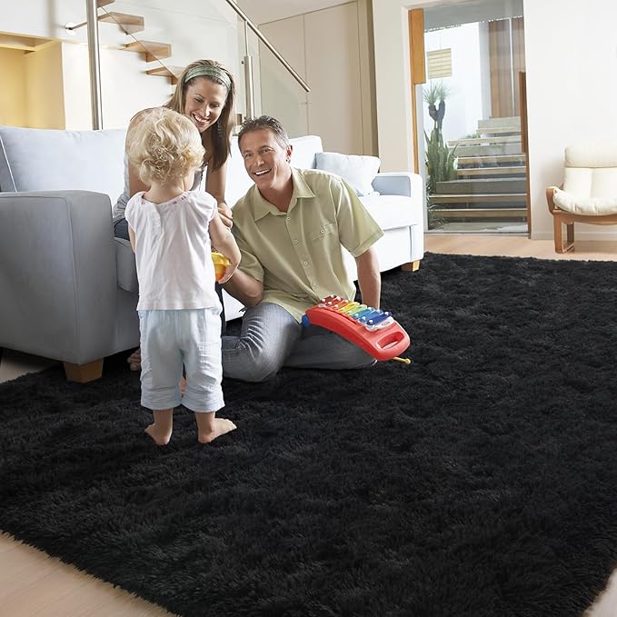 YJ.GWL Area Rugs for Living Room Bedroom, 9x12 Machine Washable Large Black Carpet, Soft Fluffy Shaggy Thick Big Shag Indoor Floor Rug for Kids Boy and Girls Room Dorm Home Decor Aesthetic