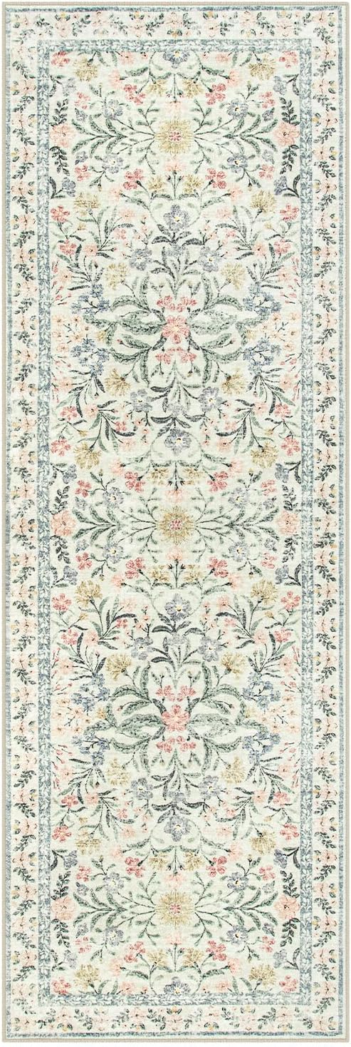 Morebes Washable Runner Rug 2x6,Bathroom Runner Rugs 24 x 72 Non Slip Washable,Vintage Boho Ultra-Thin Indoor Throw Carpet Runner for Hallway Entry Bedroom Laundry Room, Cream/Multi