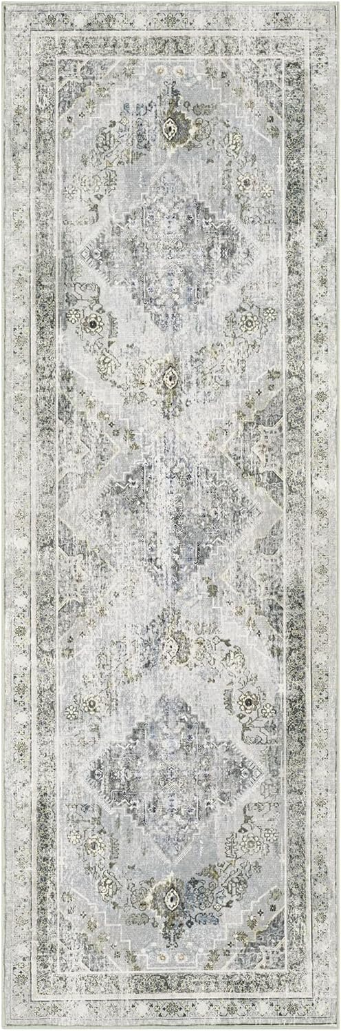 Phantoscope Hallway Runner Rug 2'x6' - Boho Washable Non-Slip Kitchen Rug Runner, Ultra-Thin Vintage Distressed Accent Throw Rug for Entryway Laundry Bathroom Bedroom, Grey/Dull Teal