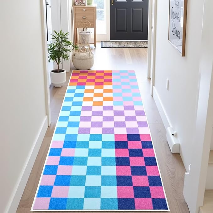 Terrug Multicolored Checkered Runner Rug for Bedroom, 2x6 Soft Washable Rug with Non Slip, Low Pile Stain Resistance Carpet for Entryway Hallway Kitchen Laundry Living Room