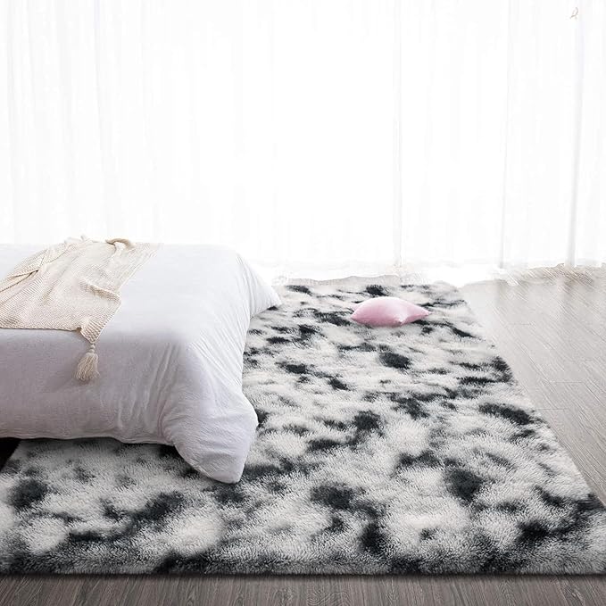 TWINNIS Super Soft Shaggy Rugs Fluffy Carpets, 4x5.9 Feet, Indoor Modern Plush Area Rugs for Living Room Bedroom Kids Room Nursery Home Decor, Upgrade Anti-Skid Rectangular Fuzzy Rug, Black and White