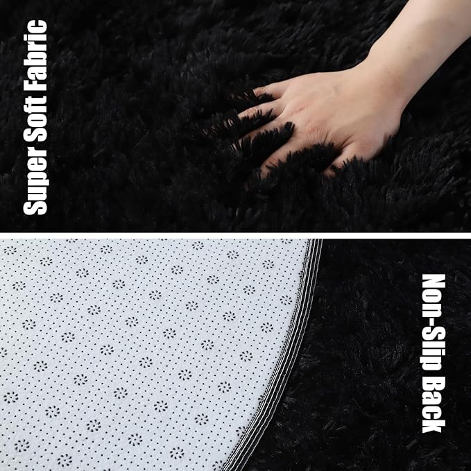 Black Fluffy Round Area Rugs for Bedroom,3'X3'Shag Circle Area Rugs for Living Room,Non Slip Fuzzy Plush Rug for Kids Room Boys Girls Room and Dorm Home Decor Rug