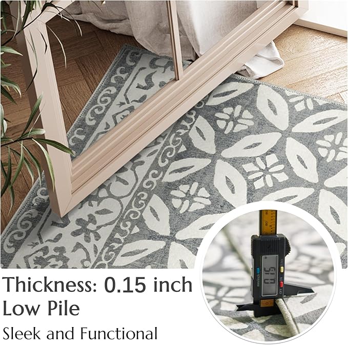 jinchan Runner Rug 2x5 - Hallway Rug Kitchen Washable Runner Rug Faux Wool Geometric Soft Rug Tile Pattern Floral Print Rug Stain Resistant Non-Slip Carpet for Bathroom Bedroom Laundry Room Grey