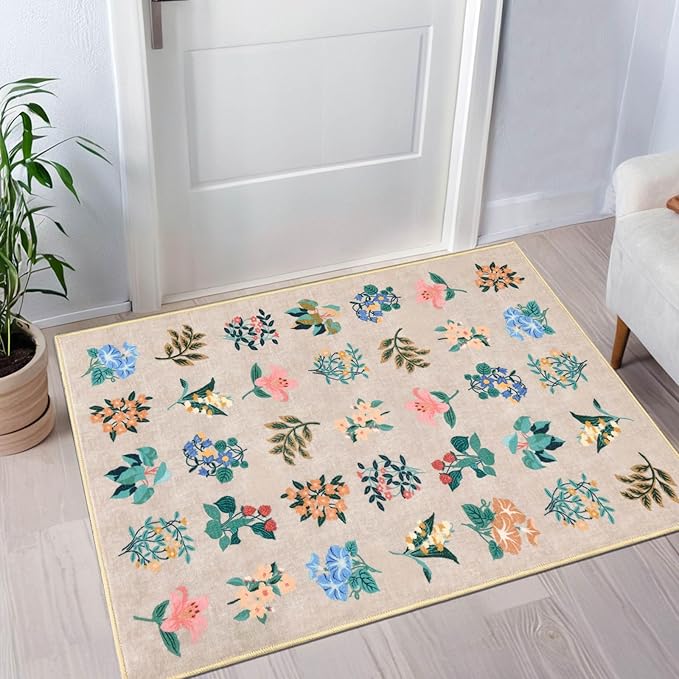 2x3 Floral Rug Soft Non-Slip Machine Washable Small Throw Rug for Entryway Kitchen Bedroom Entrance Indoor Door Mat, Beige Flower Accent Carpet for Girls Room