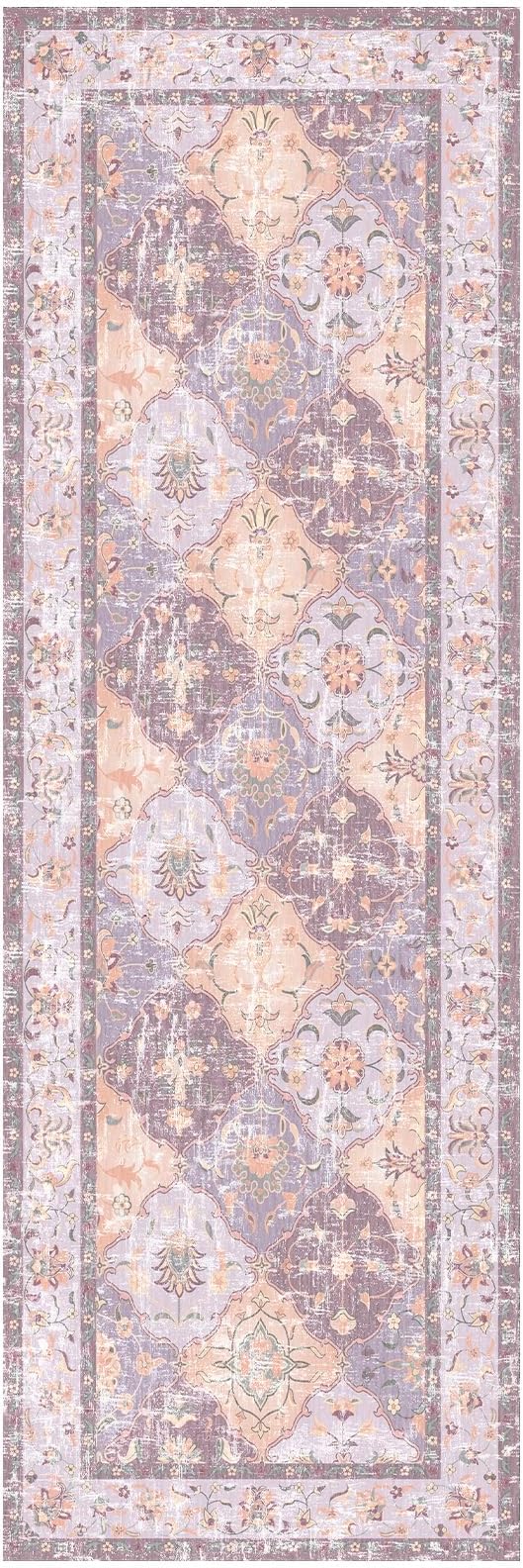 Boho Vintage Area Rugs 2×6 Washable Non-Slip Traditional Mauve Purple Runner Rug for Hallway Kitchen Entryway