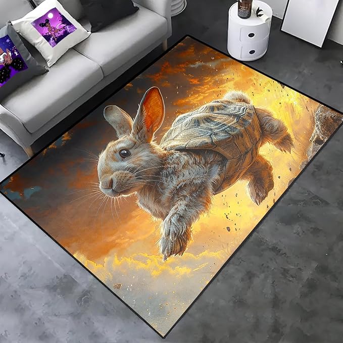 Rabbit Rug for Room - Rabbit Tortoise Shell Rug for Kids Girls Boys Lovely Animal Theme Carpet Rugs, 47" L x 31" W