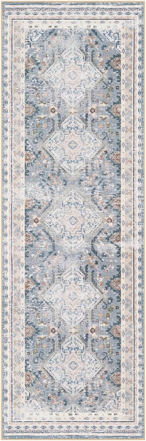 Phantoscope Hallway Runner - Boho Washable Non-Slip Kitchen Rug, 2'x6', Ultra-Thin Vintage Distressed Accent Throw for Entryway, Laundry, Bathroom, Bedroom, Dusty Blue/Multi