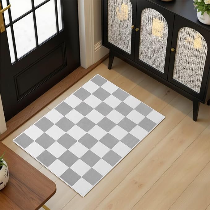 Terrug Grey and White Small Checkered Rug for Bedroom, 2x3 Soft Washable Rug with Non Slip Backing, Low Pile Throw Carpet for Entryway Hallway Kitchen Laundry Room