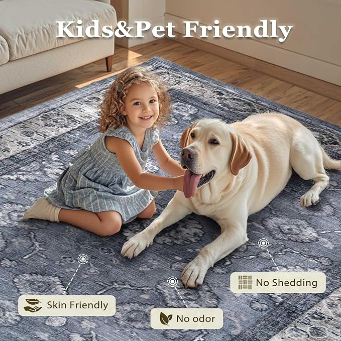 2x6 Runner Rug,Washable Kitchen Rugs with Non-Slip Backing,Low Pile Vintage Area Rug for Kitchen Floor, Hallway,Bathroom,Bedroom,Lightgrey