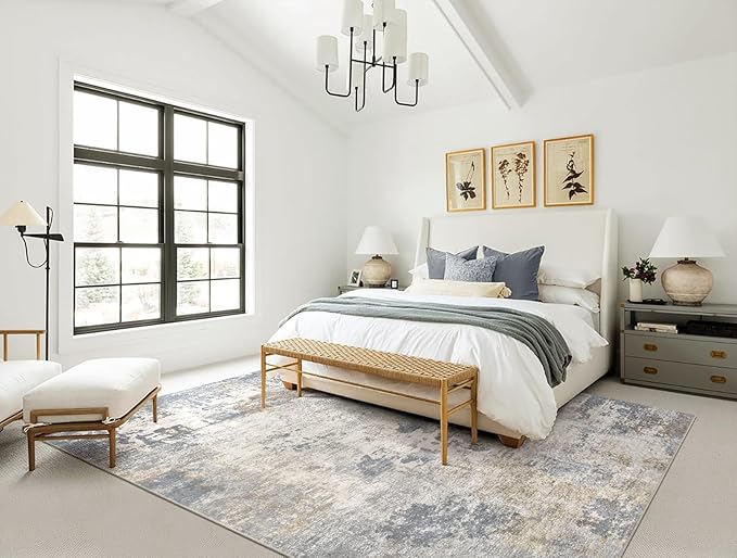 10x12 Area Rug Living Room Rugs - Washable Neutral Modern Abstract Soft Thin Large Rug Indoor Floor No Slip Rug Carpet for Bedroom Under Dining Table Home Office Decor - Blue Grey